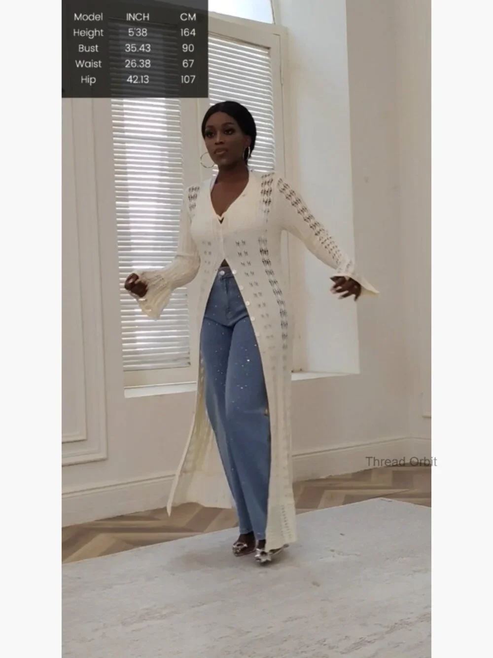 Women's Long Crochet Cardigan Bell Sleeve Ruffle Knit Lightweight Duster